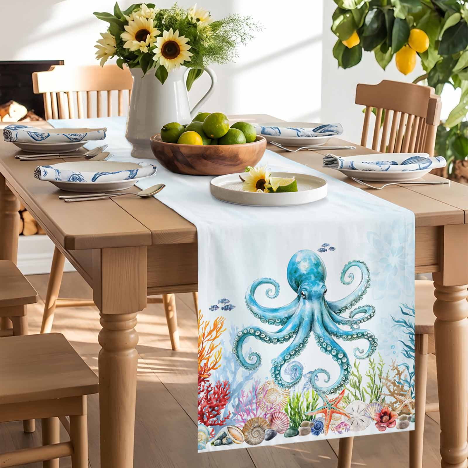 Octopus Ocean Coral Starfish Table Runner 90 Inches Long, Sea Monster Underwater World Table Runners Tabletop Scarf Kitchen Dining Tables Decoration for Home Party Indoor Outdoor