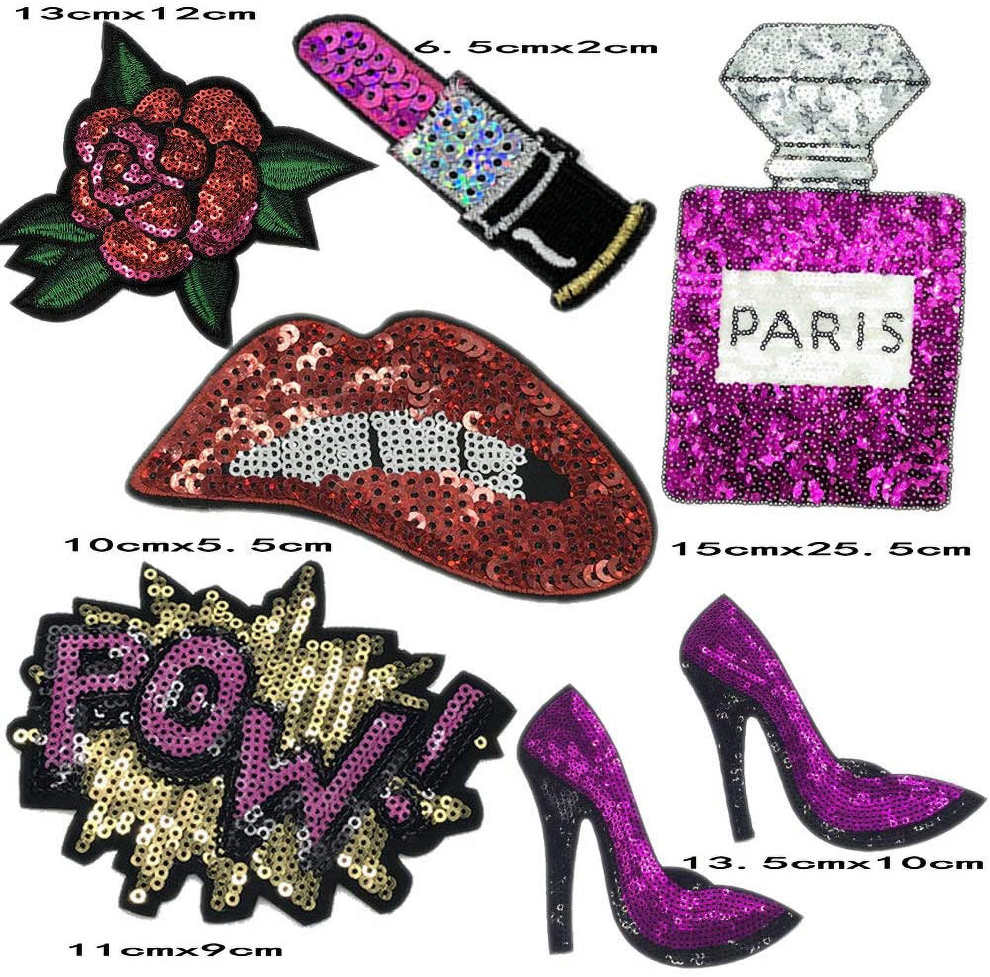 7 Pcs Purple Blue Embroidered Patches Lip/Lipstick Iron On Patch Sewing On Sequins DIY Clothes Applique Garment Motif Woman Girl Brand Patch (Purple)