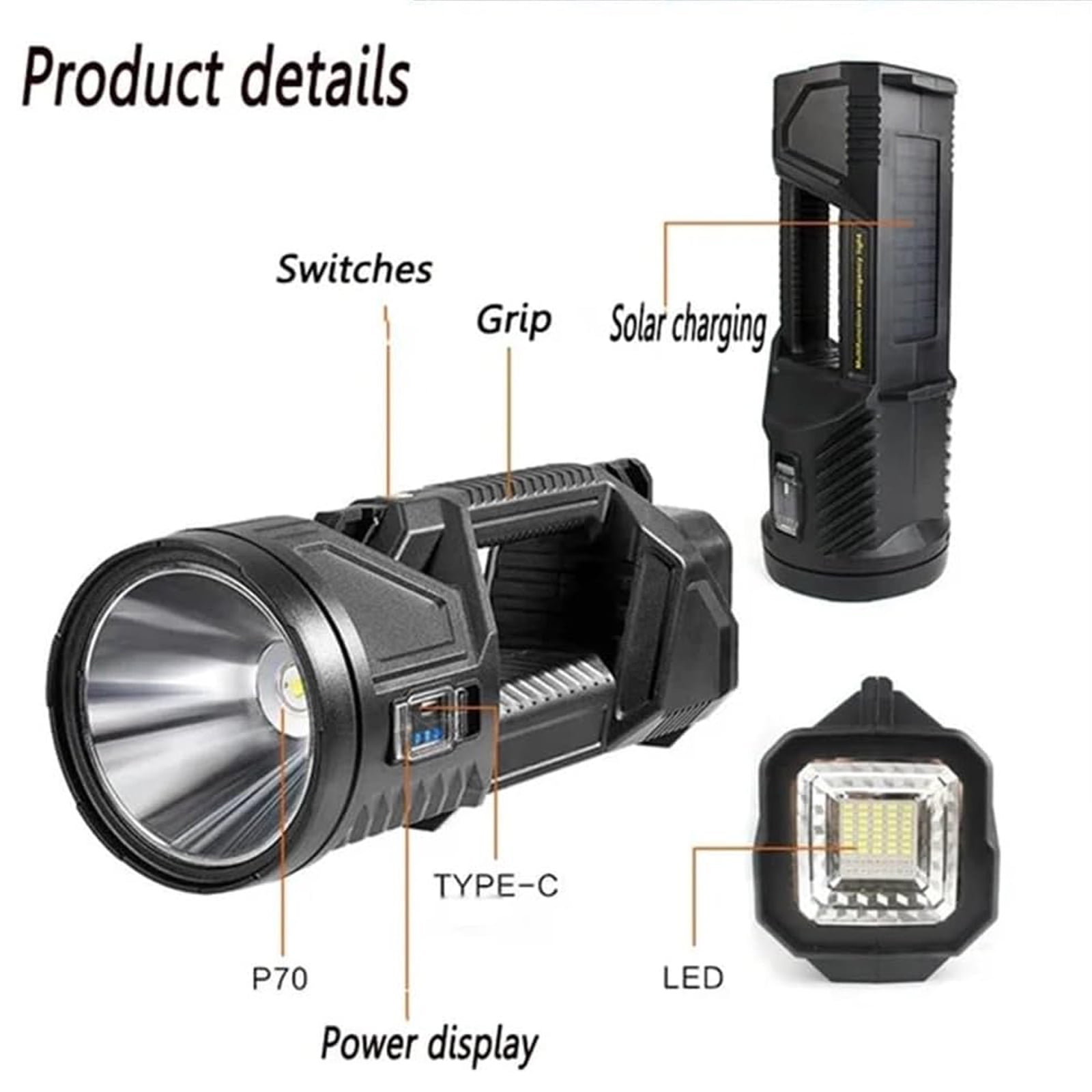New German 1000000 lumens Waterproof Spot Lights Handheld Large searchlight, Asaruley Light, Spot Lights Outdoor Handheld, Rechargeable Solar Tactical Flashlight (S)
