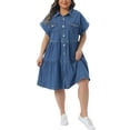 thumbnail image 2 of Agnes Orinda Women's Plus Size Denim Babydoll Dress Short Sleeve Button Down Tiered Hem Casual A-line Jean Dresses with Pockets 1X Blue, 2 of 6