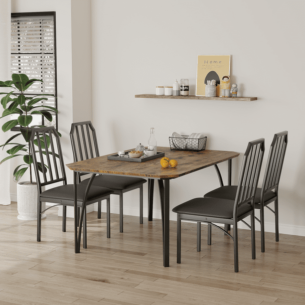 CazToi Juego de mesa de comedor de 5 piezas para 4, mesa y sillas de cocina que ahorra espacio con diseño de esquinas recortadas, superior de madera MDF y estructura metálica