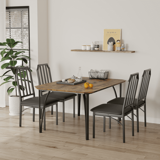 CazToi Juego de mesa de comedor de 5 piezas para 4, mesa y sillas de cocina que ahorra espacio con diseño de esquinas recortadas, superior de madera MDF y estructura metálica