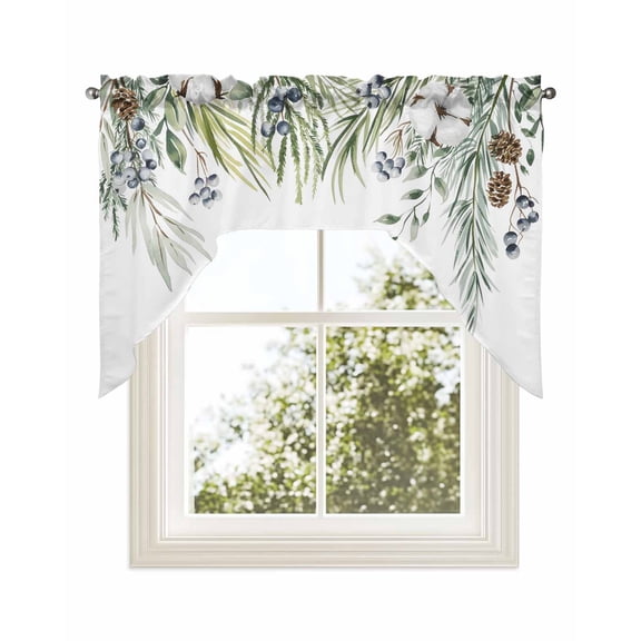 Sage Green Christmas Kitchen Curtains Swag Valance for Windows/Bathroom/Cafe, Xmas Botanical Berry Winter Rod Pocket Drape Panel Swag Curtains Valance for Bedroom/Living Room 56"x36"