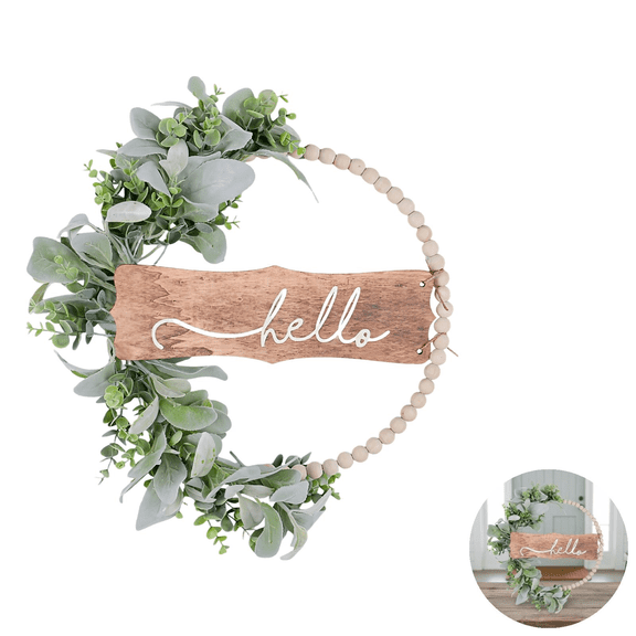 Wood Bead Wreath 11.8 Inch with Hello Sign, Rustic Farmhouse Front Door Wreath, Artificial Lambs Ear Leaves, Fall Decor for Indoor Outdoor Wedding Home