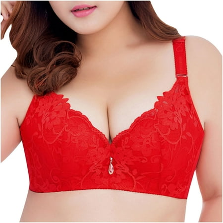 

QLEICOM Everyday Bras for Women Women s Comfort Lift Wirefree Bra Solid Sexy Lace Push-up Bra Receive Side With Steel Ring Underwear Bras No Underwire Red Cup 40/90C