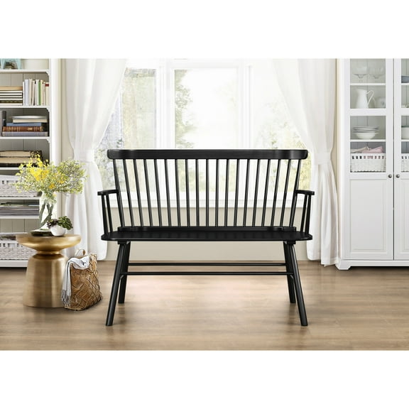 Accent Black Wooden Bench With Spindle Back Support Interior Chair