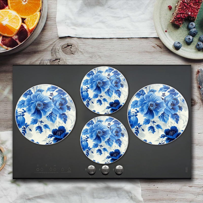 Bahomeck Electric Stove Burner Covers Set Of 4,Blue And White Floral Pattern Of Large Flowers Small Leaves Metal Gas Stove Burner Covers,Protecting Gas Stoves,8 Inch And 10 Inch