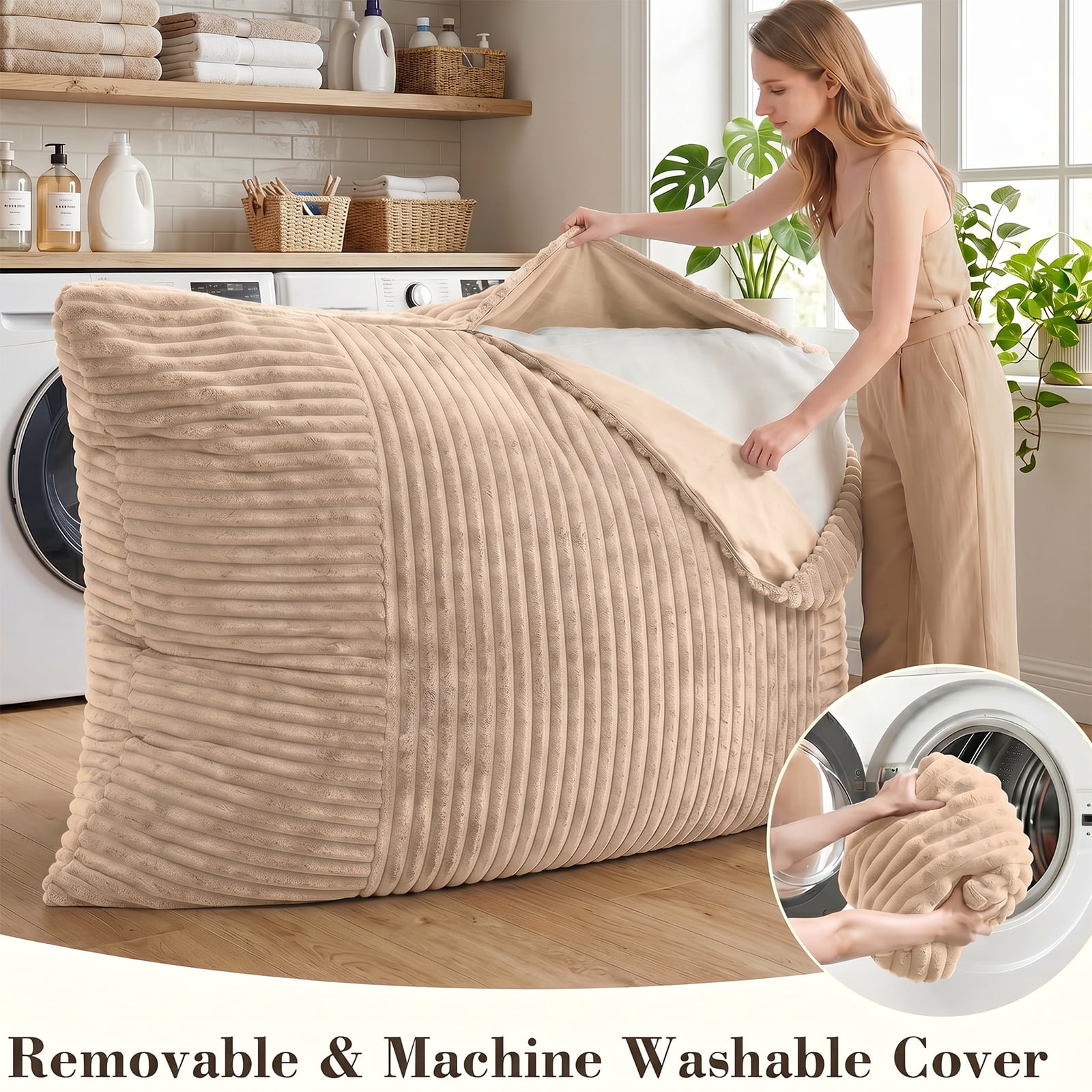 VIREO 3 in 1 Bean Bag Chair Giant Bean Bag Chairs Convertible Bean Bag Floor Cushion with Machine Washable Cover, Beanbag Chairs for Adult (Beige)