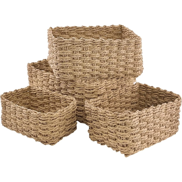 Almacenamiento Juego de 4 cestas Organizador cajones baño Almacenaje Ropa Cajones Cesta navidad vacia cuerda de papel reciclable, para accesorios maquillaje, Juguete,cocina(Amarillo)