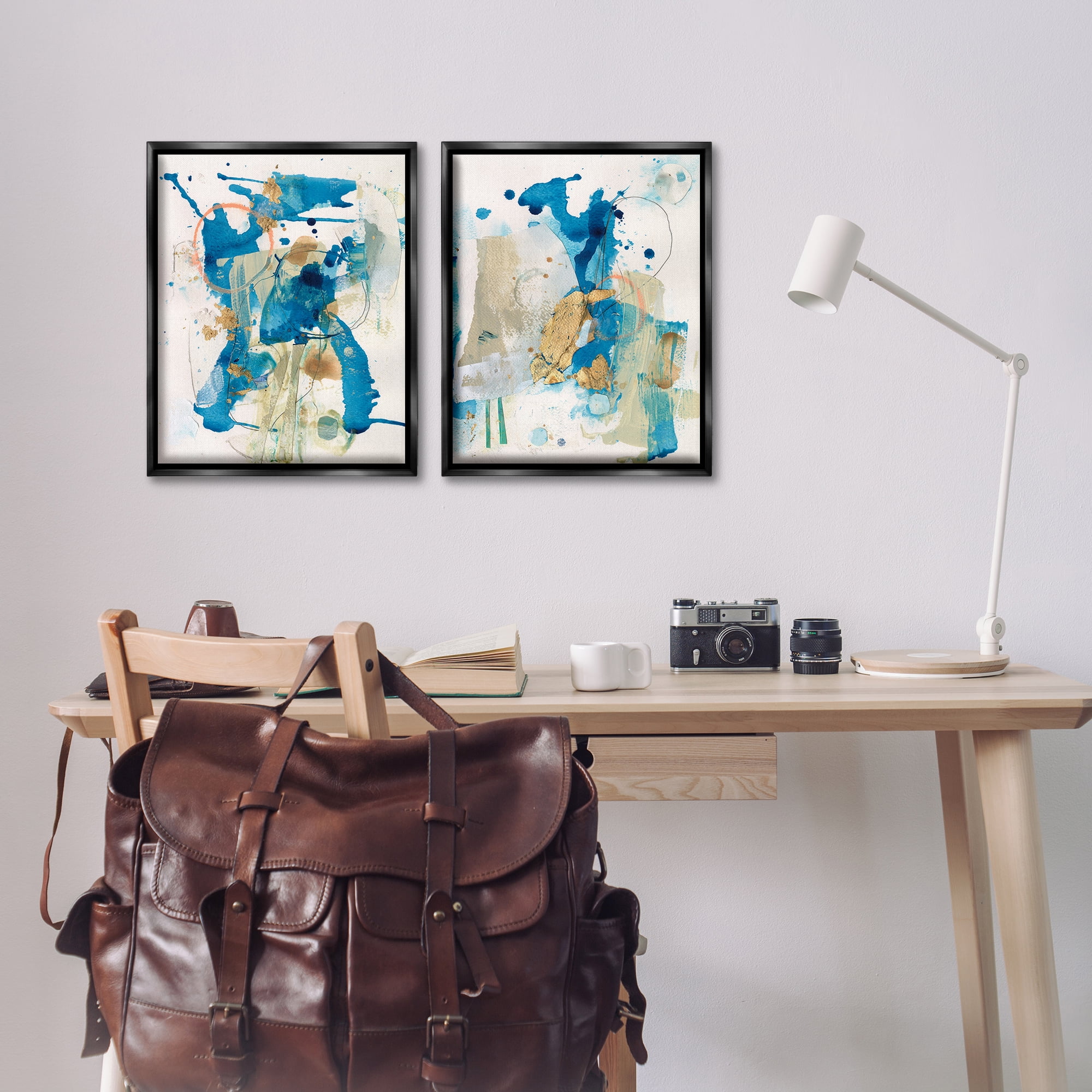 Stupell Industries Abstract Blue Gold Splash Abstract Painting Black Floater Framed Canvas Art Print Wall Art, 17 x 21, Set of 2