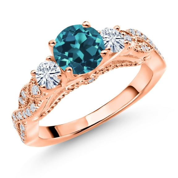 Gem Stone King 18K Rose Gold Plated Silver London Blue Topaz and White Moissanite Engagement Ring for Women (1.57 Cttw, Gemstone November Birthstone, Round 6MM and 3MM, Size 5)