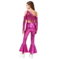 thumbnail image 2 of Haitryli Metallic 70S Disco Vintage Hippie Outfits Kids Girl Sequins Crop Top and Bell Bottom Pants Jazz Stage Dancewear Hot Pink 14, 2 of 7