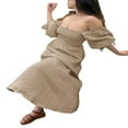 thumbnail image 2 of PENGXIANG Robe Midi d'Été pour Femmes Couleur Unie Col Carré Manches Lanterne Taille Haute Robe Décontractée Robe de Plage Vacances, 2 of 7