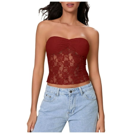 2DXuixsh Women s Tube Tops Going Out Bandeau Strapless Tank Bustier Corset Lace Tube Tops Backless Floral Mesh Bandeau Crop Top Patchwork Outfits Tops Red Size M