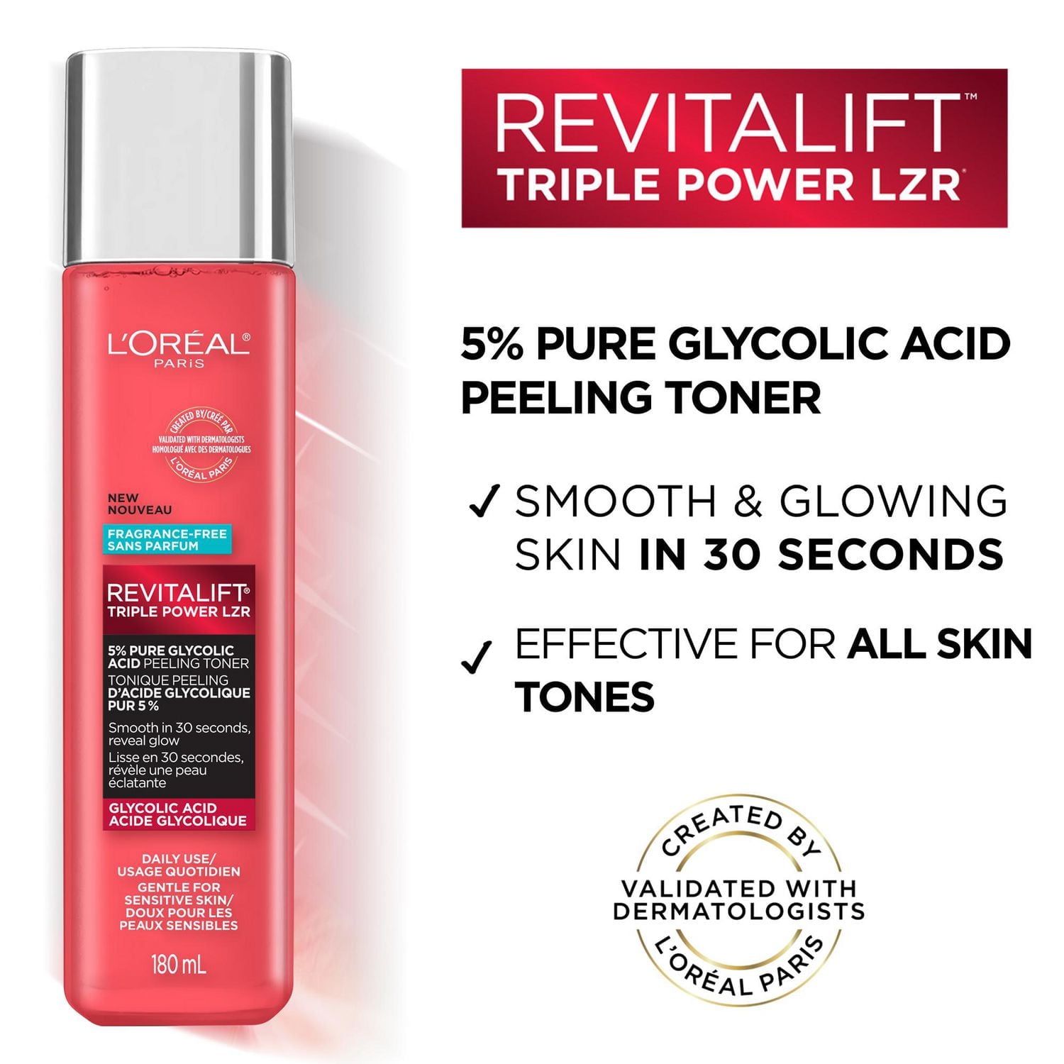 L'Oréal Paris Triple Power LZR Tonique à l'Acide Glycolique Pur 5% avec Aloe Vera, Pour une Peau Lisse et Éclatante, Sans Parfum ni Alcool, 180 mL