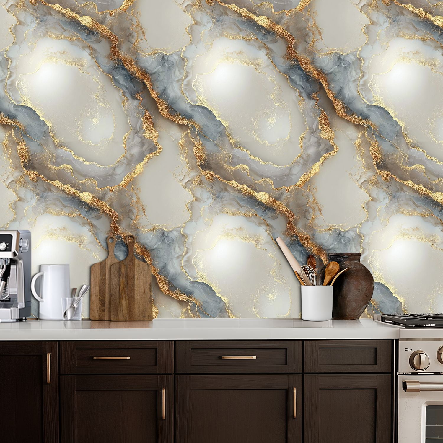Peel and Stick Wallpaper 17.7in x 9.8ft Abstract Gold Grey Marble Flowing Lines Glimmering Texture Contact Paper Vinyl Self-Adhesive Removable Wall Paper for Bedroom DIY Home Decor Renter Friendly