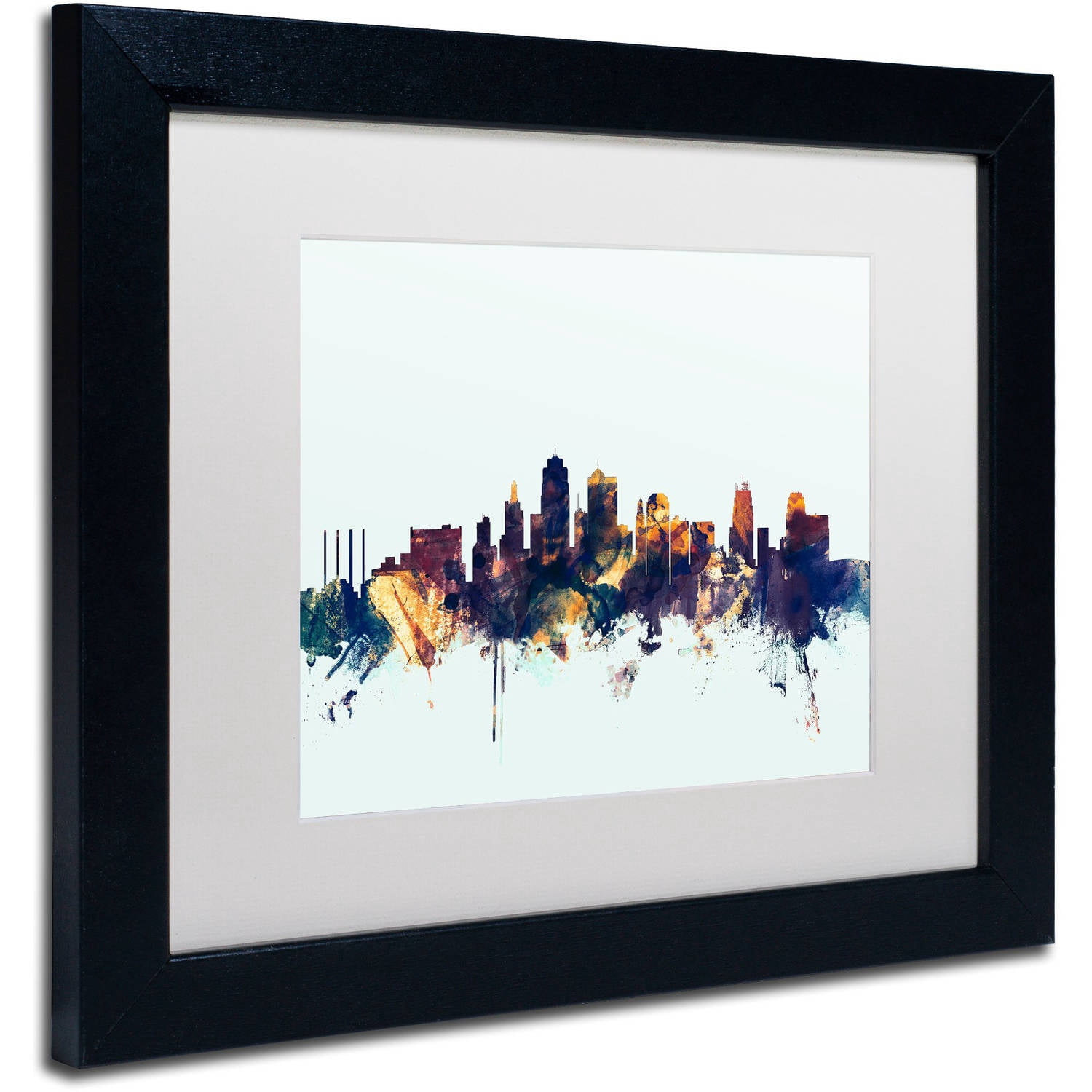 Trademark Fine Art "Kansas City Skyline Blue" Canvas Art by Michael Tompsett, White Matte, Black Frame