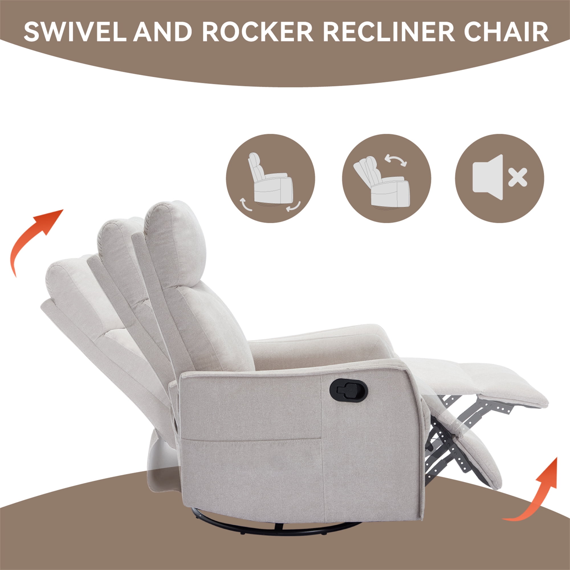 Aukfa Swivel Rocker Recliner Glider Chair with Heat & Massage for Adults, Living Room, Beige