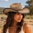 thumbnail image 2 of Sun Hat with Western Cutout Design and Wide Brim for Beach Travel Outdoor Cowboy Style Lightweight, 2 of 4