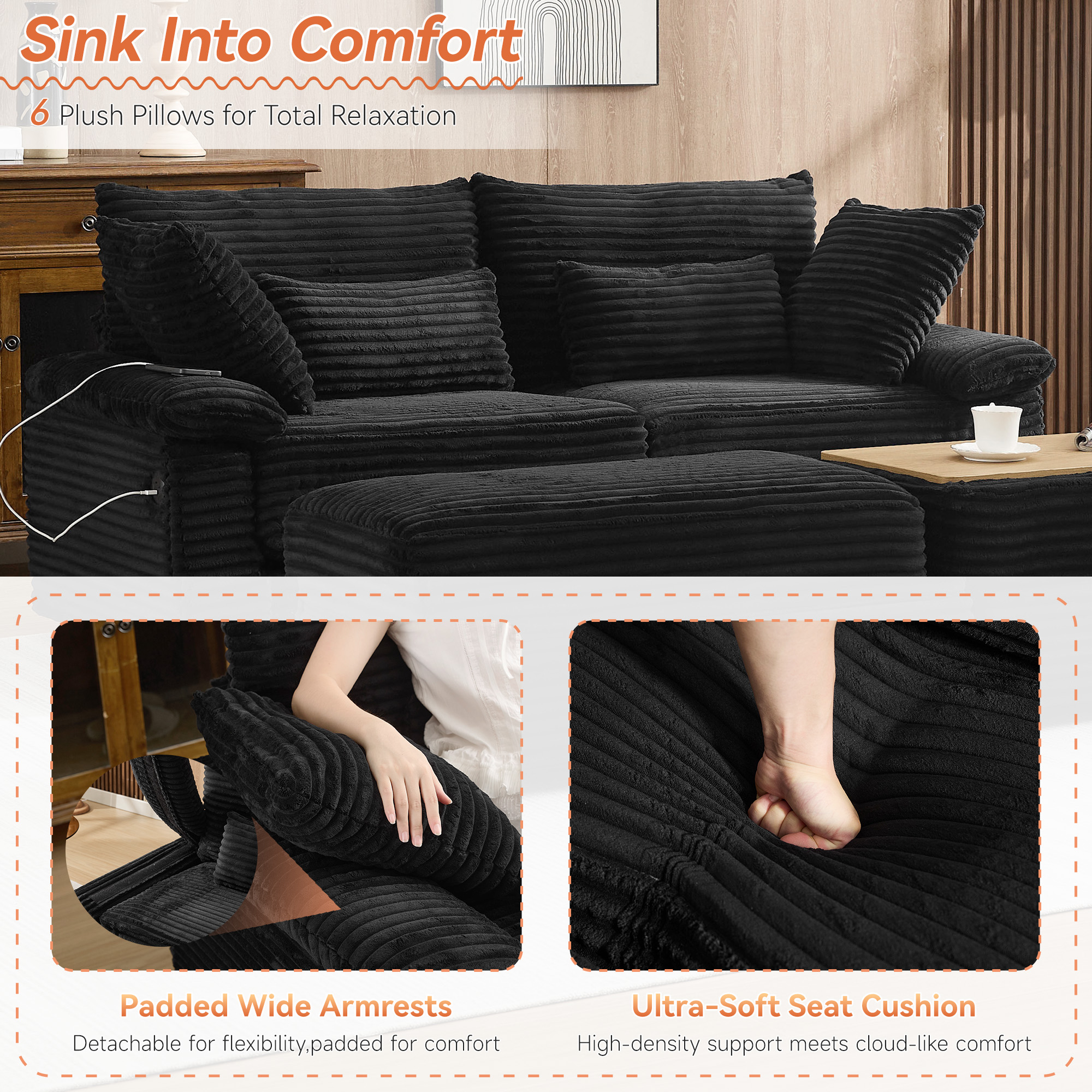 Corduroy Upholstered Sofa for Living Room,Modern Deep Seat Comfy Loveseat Couch with 2 Ottomans,Black