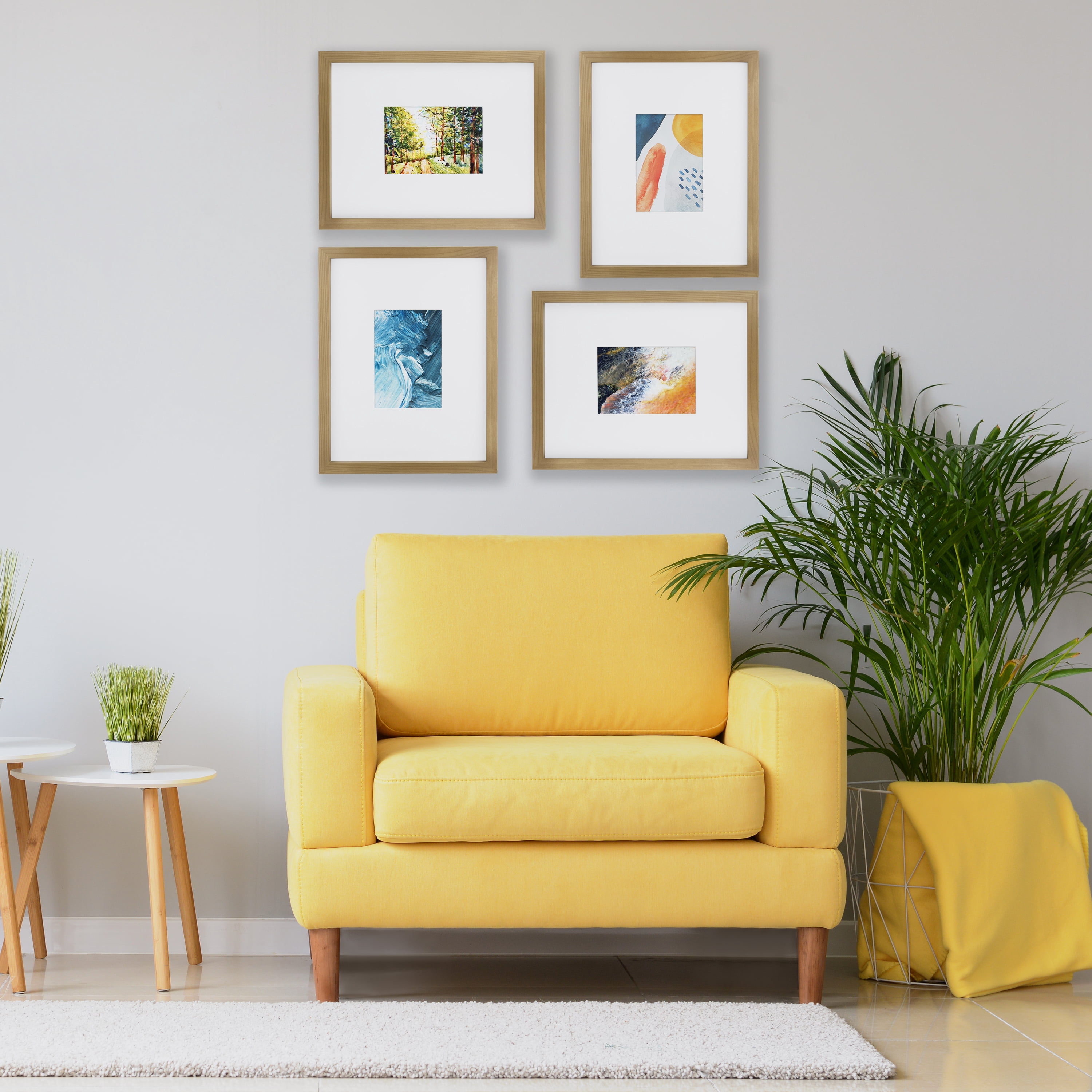 Better Homes & Gardens 11x14 Matted to 5x7 Wood Wall Picture Frame Set, Natural Wood, Set of 4