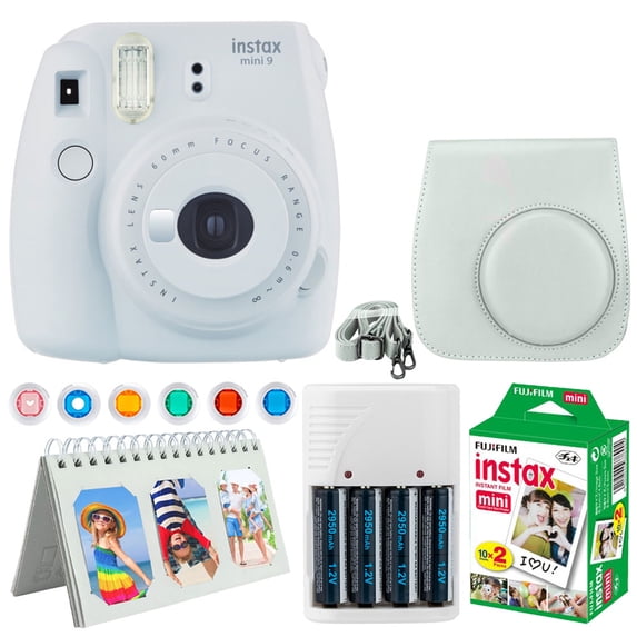 Fujifilm Instax Mini 9 Instant Camera (Smokey White) + Fujifilm Instax Mini Twin Pack Instant Film (20 Exposures) + Camera Case + Scrapbooking Album + 4 AA Batteries & Charger + 6 Colored Lens Filters