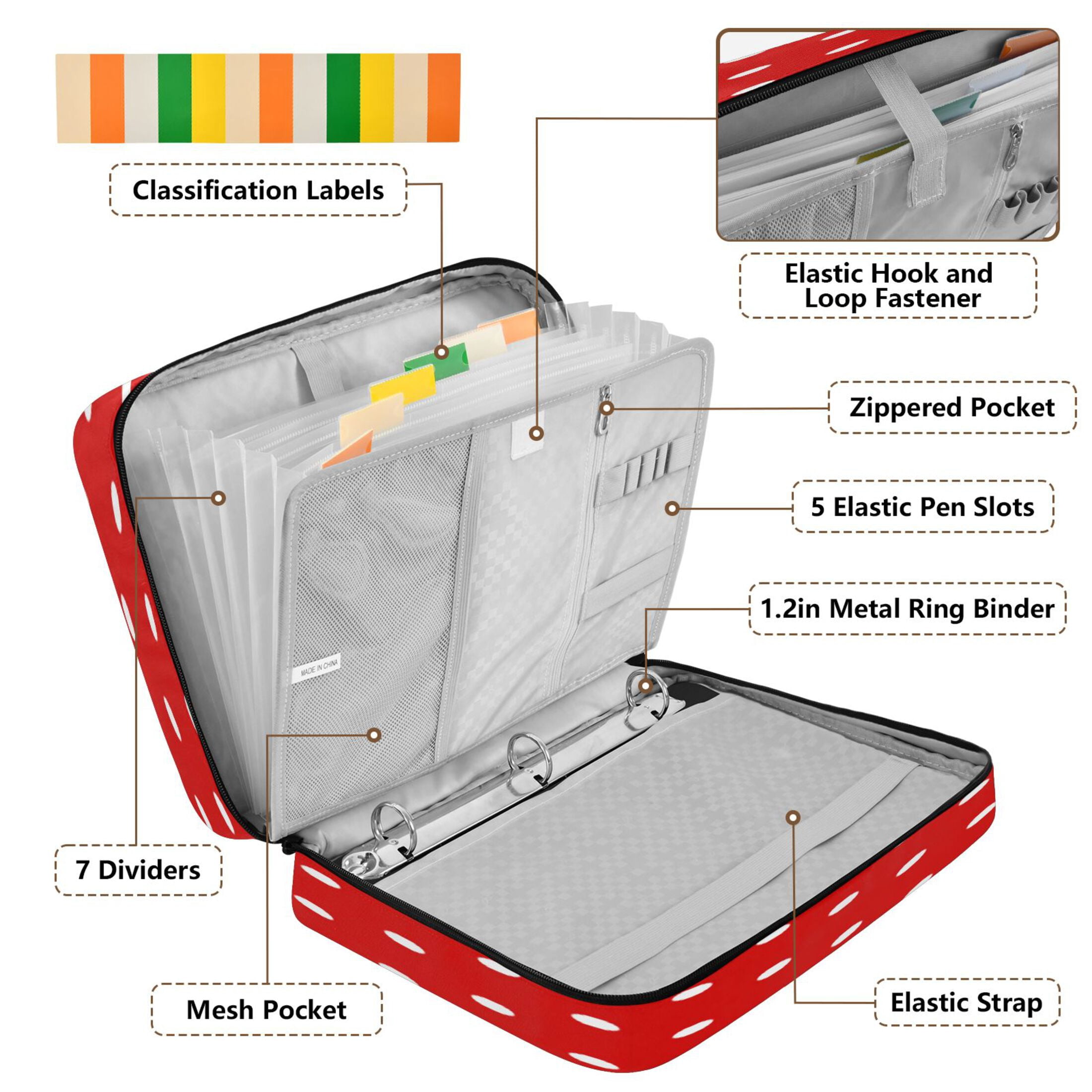 3 Ring Zipper Binder with Accordion File Organizer Waterproof Back to College Binder - 7 Layer Document Organizer for Study Home Office College Travel Supplies Red White Mini Polka