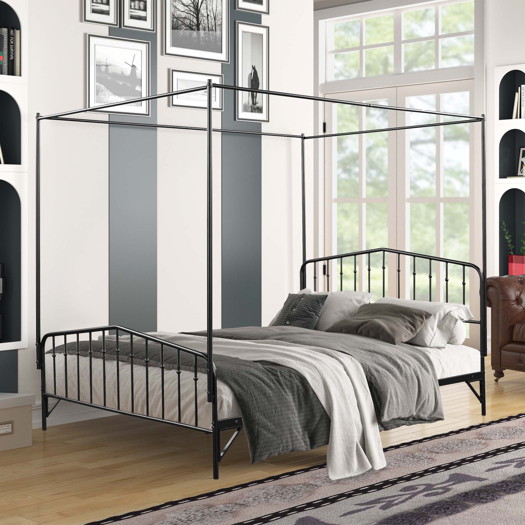 Momspeace Detachable Queen Anti-Noise Metal Canopy Bed, with Footboard for Teens Kids Adult, Black