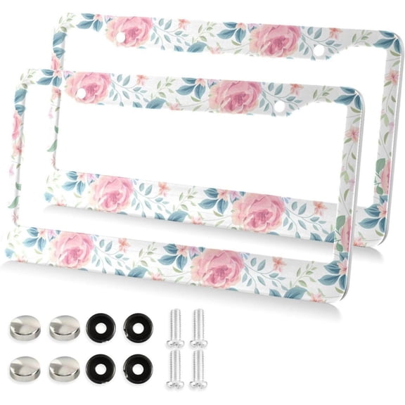 Pink Rose Flower Floral License Plate Frame, Decorative Aluminum Car Tag Frames, 2 Pack Universal Car License Plate Covers with 2 Holes and Screws