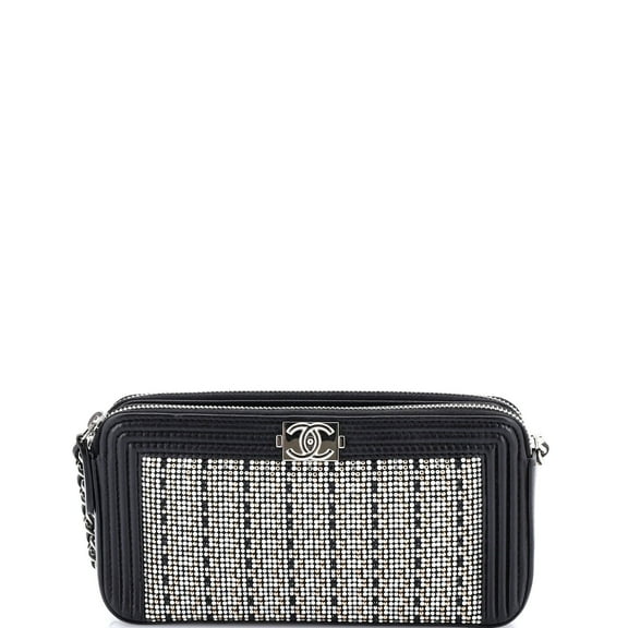 Pre-Owned CHANEL Boy Double Zip Clutch with Chain Studded Leather By Rebag