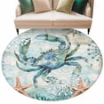 thumbnail image 2 of 6Ft Round Rug, Coastal Crab Non-Skid Rubber Backing Large Area Rugs - Living Room Bedroom Home Office, Teal Nautical Beach Starfish Vintage Indoor Floor Mat Carpets Washable Rug, 2 of 9