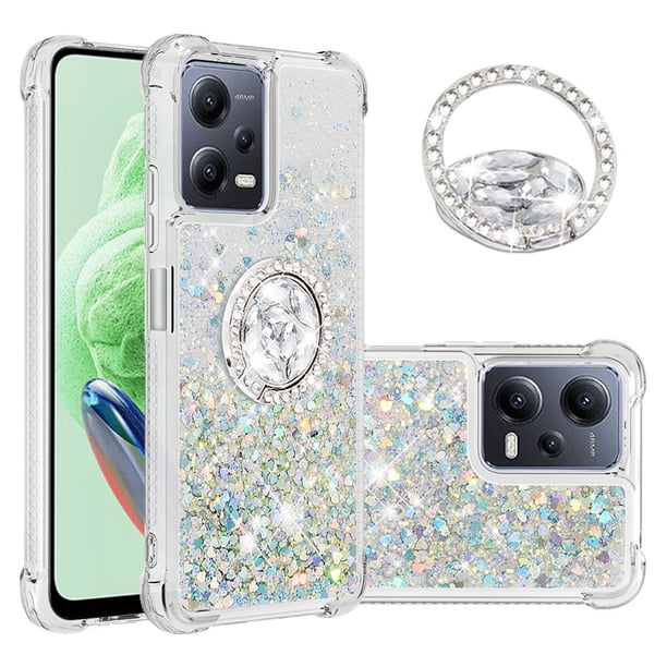 Funda para Xiaomi Redmi Note 12 5G con Brillo Líquido Flotante, Purpurina, Parachoques y Anillo Giratorio Soporte