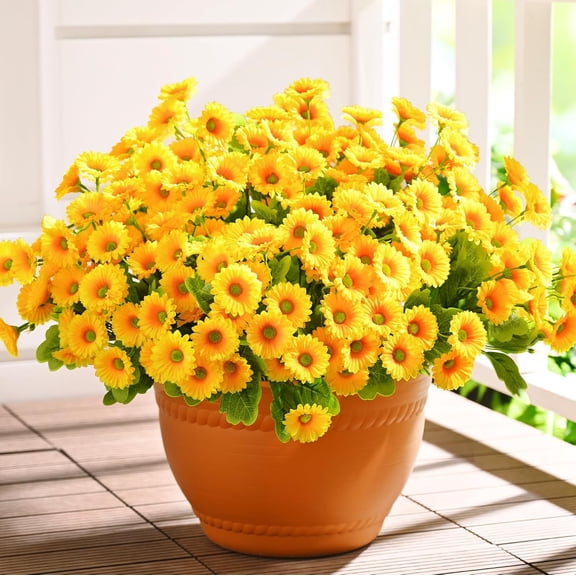 Artificial Flowers for Outdoors Faux Plants, UV Resistant Artificial Outdoor Flowers, Yellow Silk Daisy Realistic Fake Mums Flower for Front Porch Spring Home Planter Patio Decor, 6 Bundles