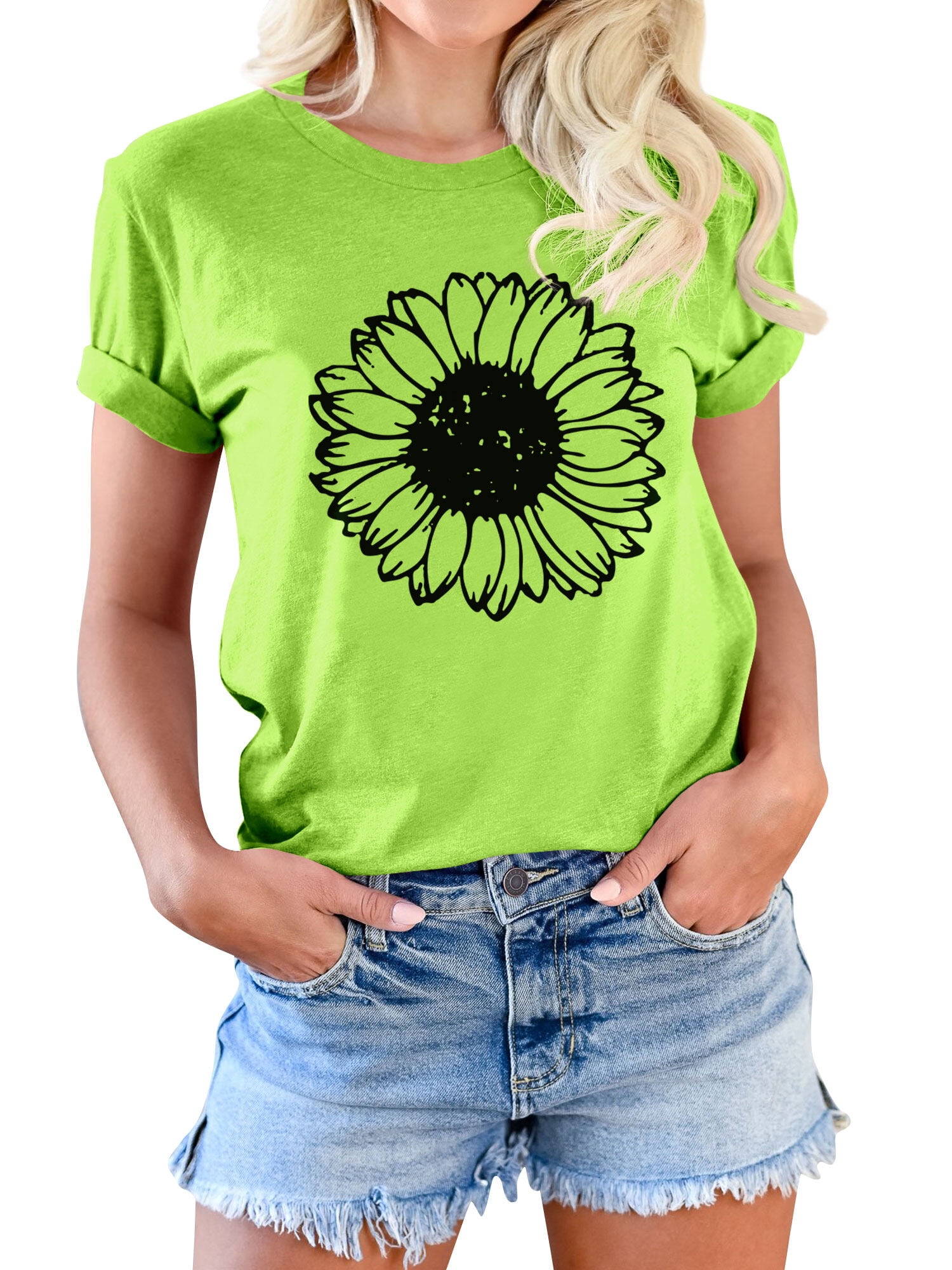 ZXZY Women Round Neck Daisy Floral Print Short Sleeve Summer T-Shirt ...
