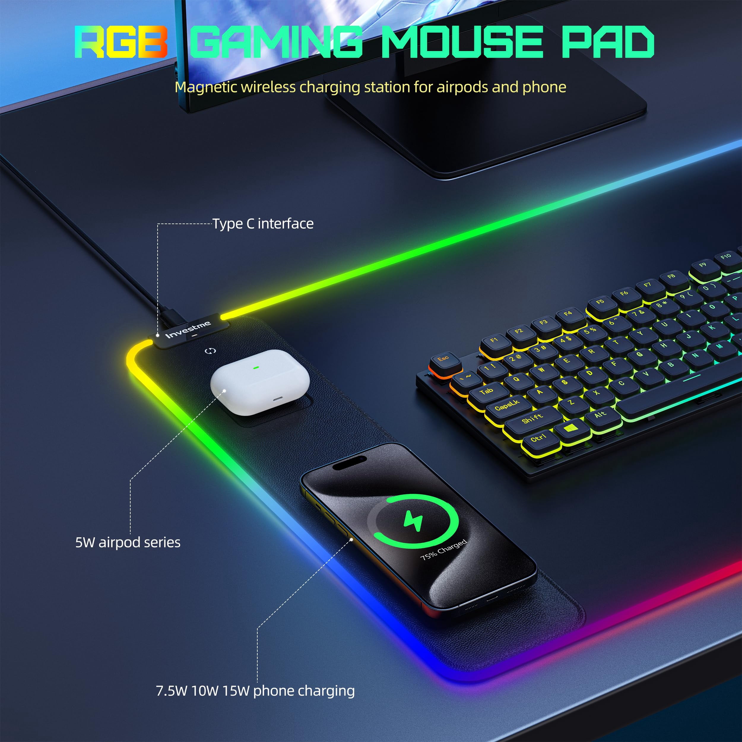 Investme RGB Wireless Charging Gaming Mouse Pad, 15W Fast Charging LED Mouse Mat with 15 Lights Modes, Smooth Surface, Waterproof with Non-Slip Base Large Mousepad