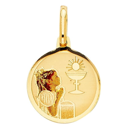 First Communion Medal Pendant - Jewels By Lux 14K Yellow Gold First Communion Picture Medal Girl Pendant 17mm X 15mm