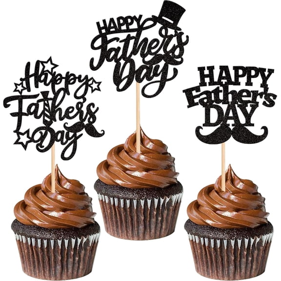 Happy Father's Day Cupcake Toppers, Black Glitter, with Hat and Beard Designs, Party Cake Decorations, 12 PCS