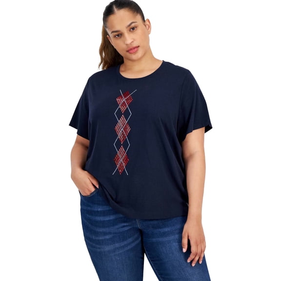 Tommy Hilfiger Womens Embroidered Embellished T-Shirt, Blue, Plus Size, 0X
