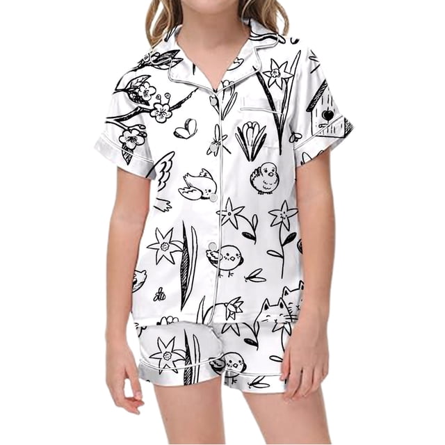 Pyjama pour Enfants Shorts Boutons Manches Courtes Confortable Col à Revers Ensemble Imprimé Bébé Fille Vêtements Blanc 12-13 Ans