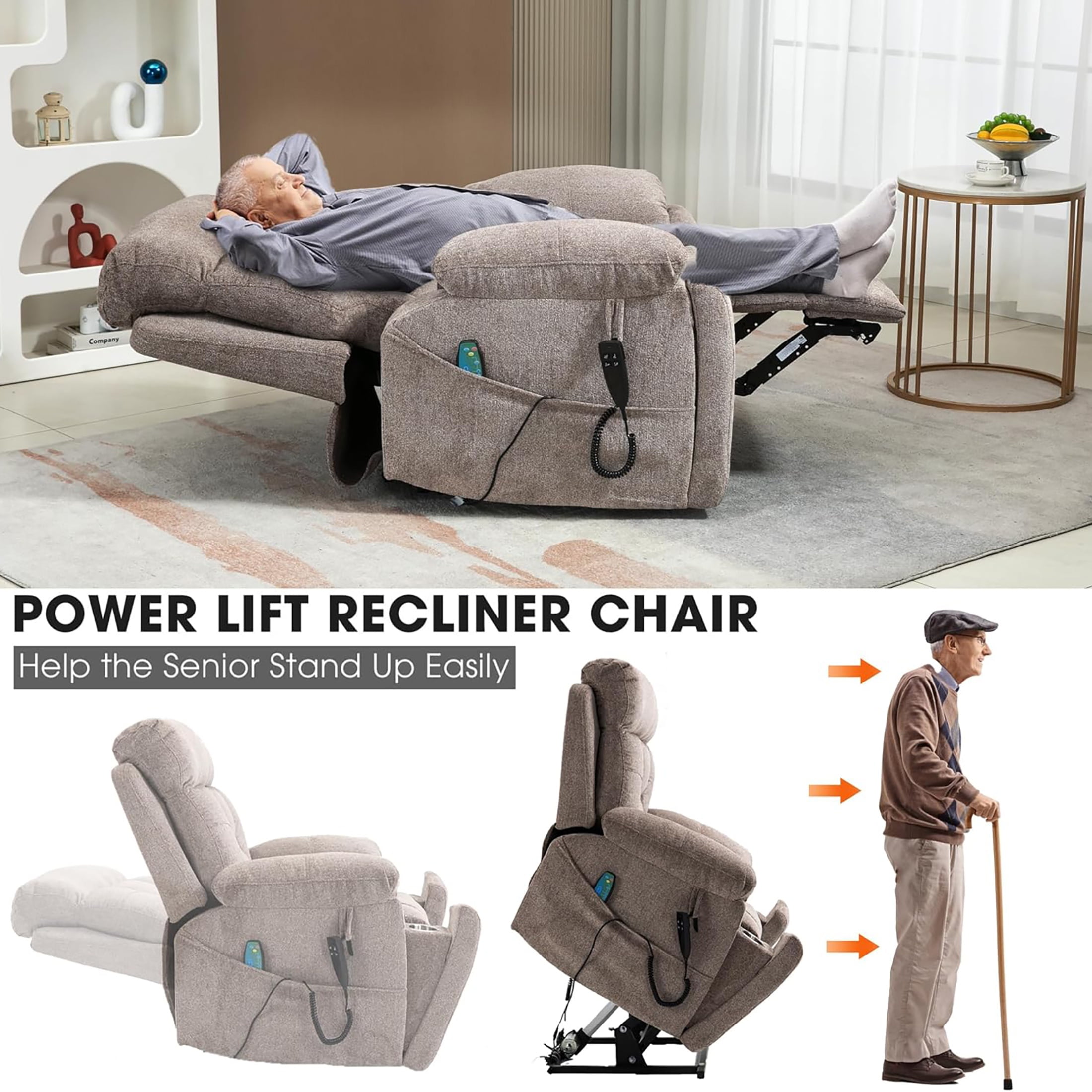 Oversized Power Lift Recliner Chair with Massage and Heat for Elderly, UHOMEPRO Large Wide Seat Recliners for Big and Tall, Safety Motion Reclining Mechanism with Hidden Cup Holder, Light Brown