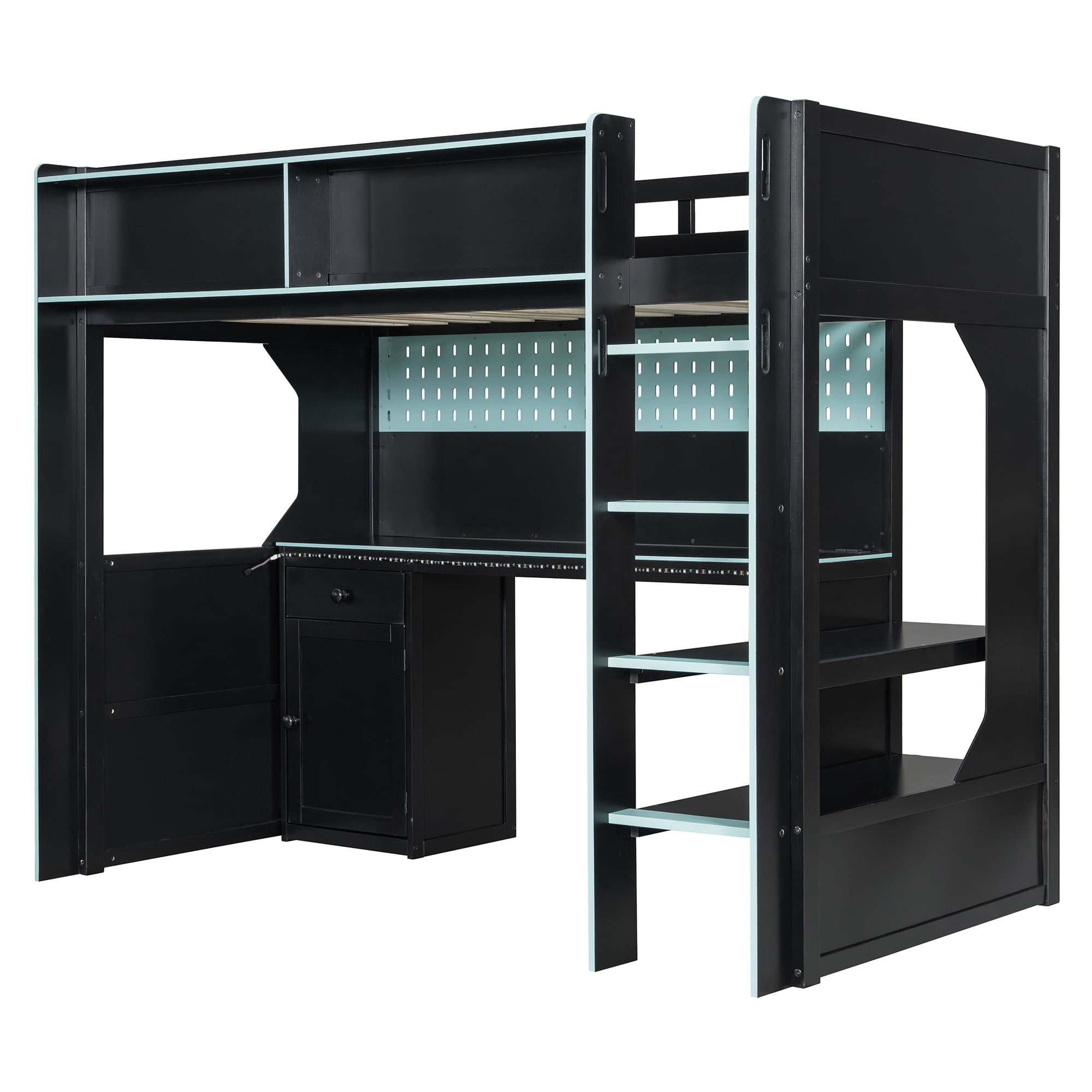 Mintazer Twin Size Gaming Loft Bed with Desk & LED Lights, Modern Bed Frame with Storage Shelves & Pegboard and Charging Station for Dorm Bedroom Apartment, Black & Blue