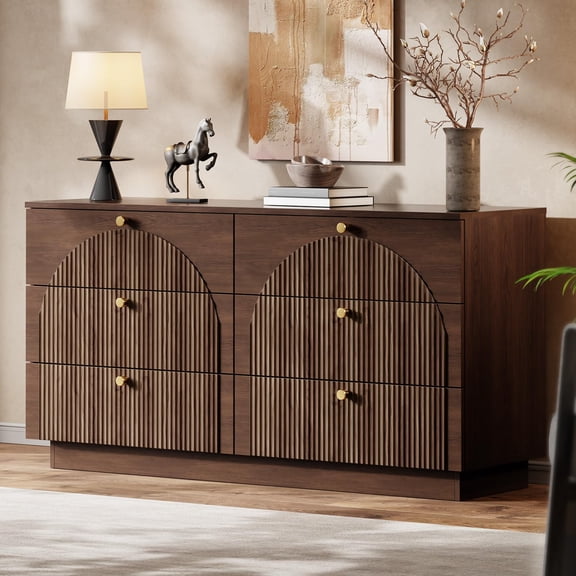 Arched Fluted Dresser For Bedroom With 6 Drawers 55" Wide Walnut
