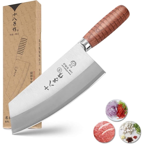 SHI BA ZI ZUO Couperet Chinois Hachoir à Viande et Os Couteau de Chef 7 Pouces Noyau 80Cr Acier Inoxydable avec Manche en Bois de Rose