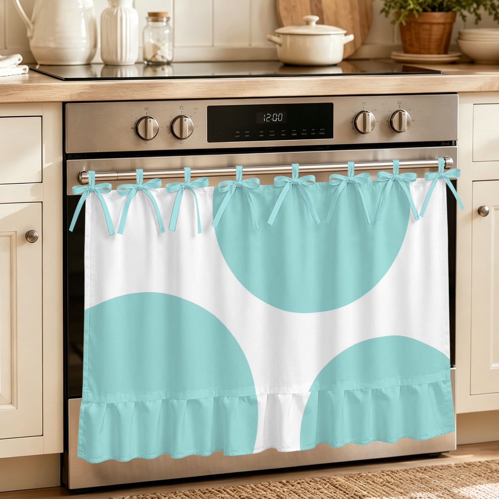 Oven Curtain for Kitchen Minimalist Teal Circle Stove Curtain With Ruffled Trim Dishwasher Curtains Modern round Pattern Oven Skirt 32 x24