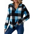 thumbnail image 3 of Blusas de Trabajo Básicas Informales para Mujer, con Cuello en V, Estampado A Cuadros, Puños y Larga. Azul L, 3 of 7