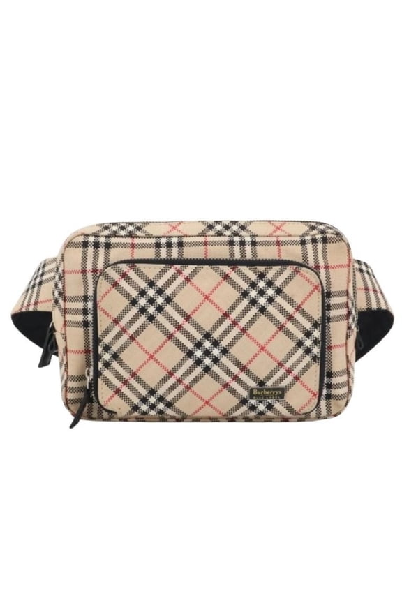 Pre-Owned BURBERRY waist bag, BLUE LABEL, beige canvas, women's, Nova Check pattern.