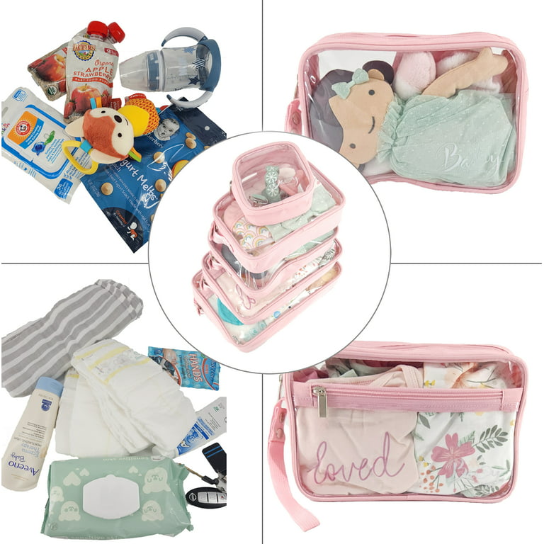 Llama Bella 5 Piece Diaper Bag Organizer Pouch Set, Clear with Straps and Pacifier Case -- Pink