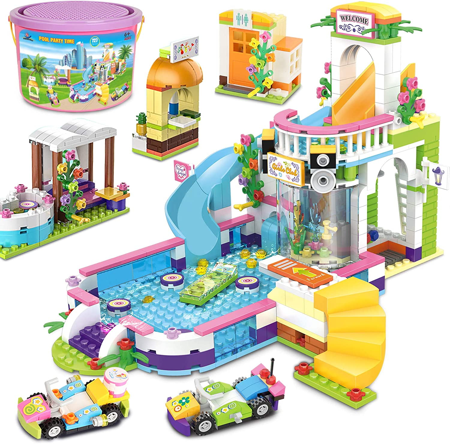 Friends Summer Pool Party Pool Building Set for Girls 6-12, 727 PCS Swimming Pool Creative Building Bricks Blocks Kit with Toy Juice Bar and Hot Tub, Roleplay Gift Party Toy for