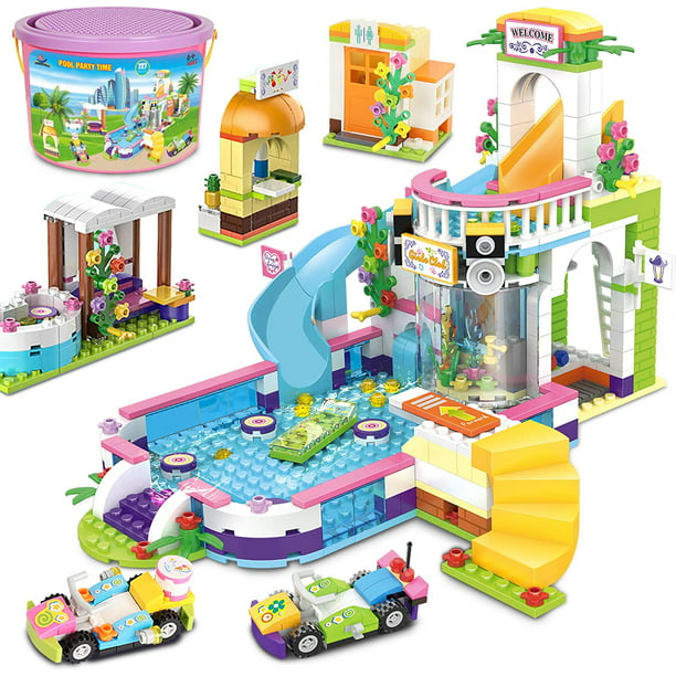 Friends Summer Pool Party Toy Pool Set for Girls 6-12, 727 PCS Swimming Pool Building Bricks Blocks Kit with Toy Juice and Hot Tub, Roleplay Gift Party Toy for