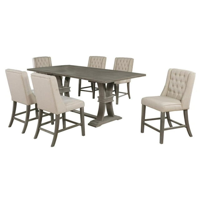 Contre-hauteur Rustique Gris Bois 7pc Salle à Manger avec des Chaises en Lin Beige
